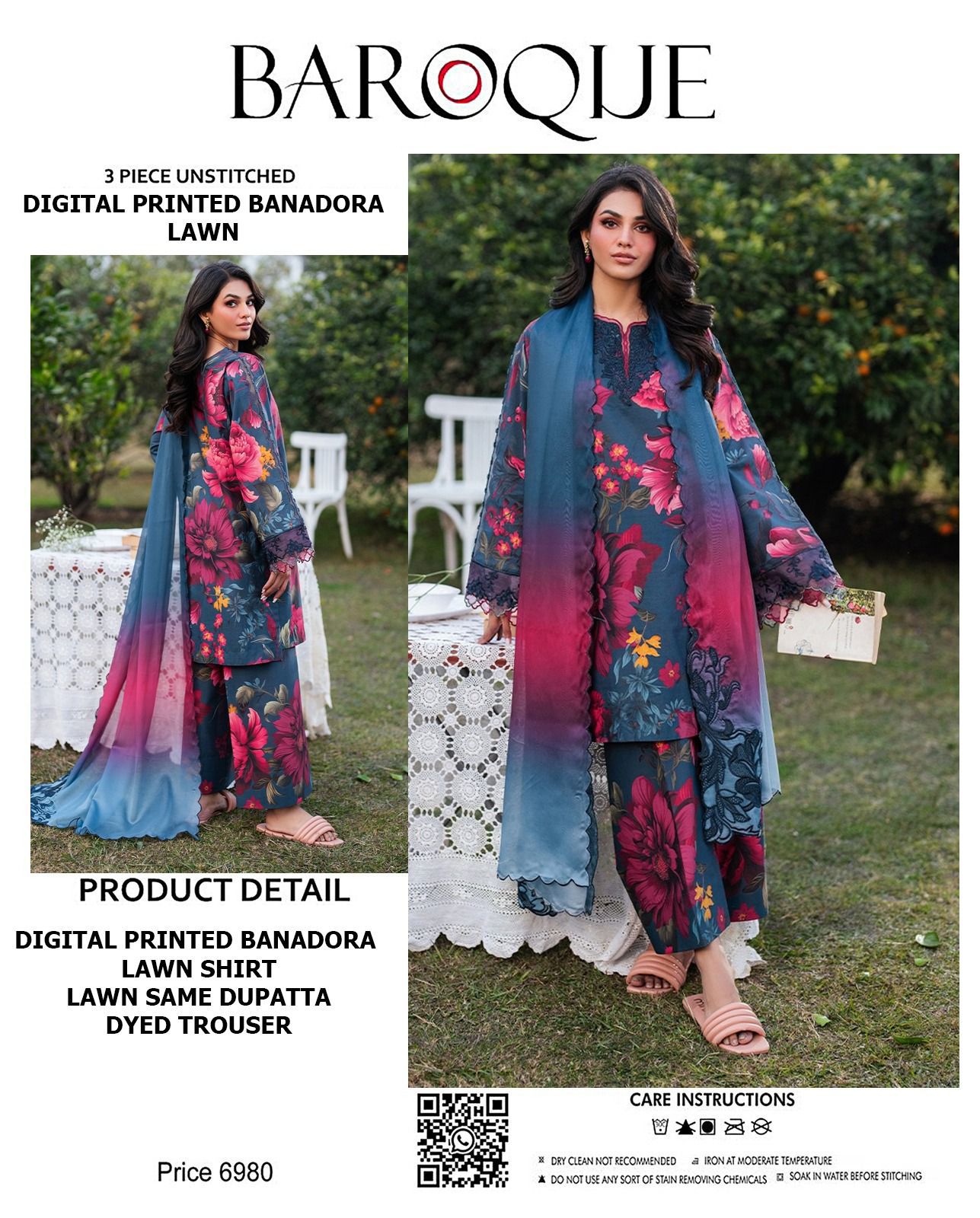BAROQUE lawn bana doria all over unstitched 3pc