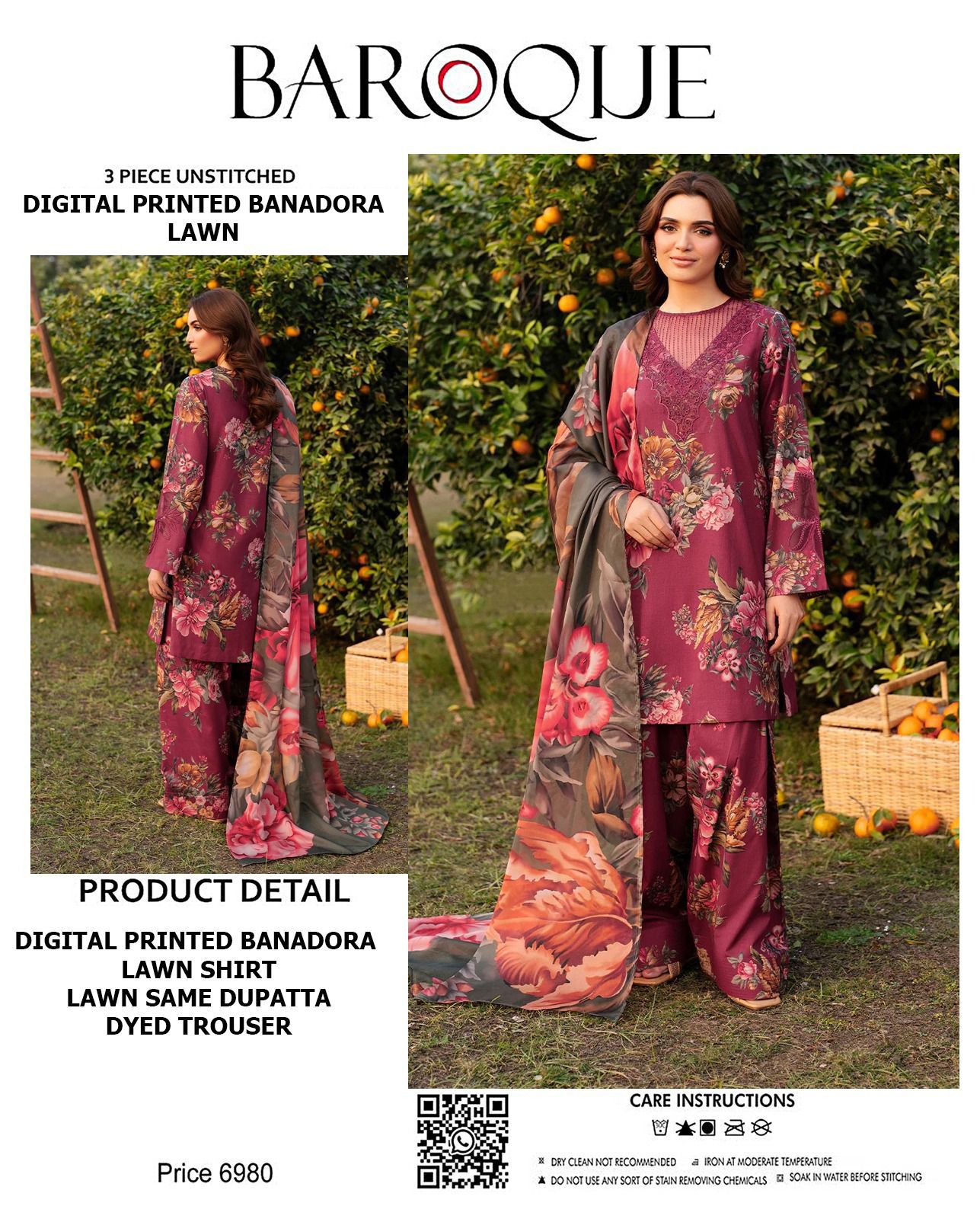 BAROQUE lawn bana dora all over unstitched 3pc